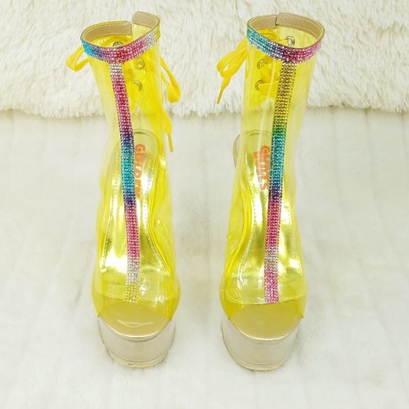 Yellow Clear Platform Heels Shoes Rhinestone Trim Golden Bulls - Picture 12 of 14